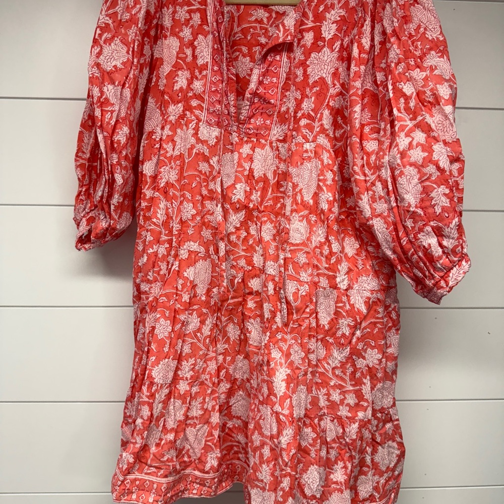 Tuckernuck Red and White Puff Sleeve Mini Dress with Mandarin Collar